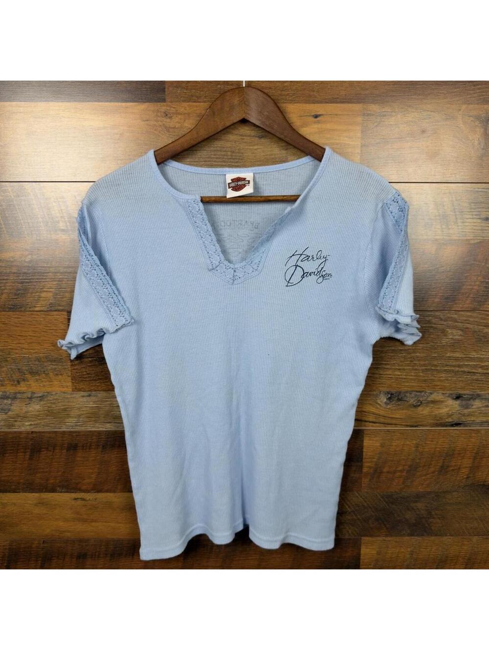 Vintage Harley-Davidson Baby Blue V-Neck Baby Tee XL Made in USA